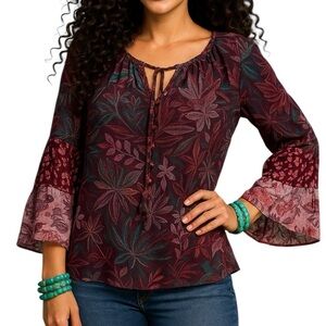 Johnny Was Jade Toledo Tiered Sleeve Silk Printed Blouse NWT